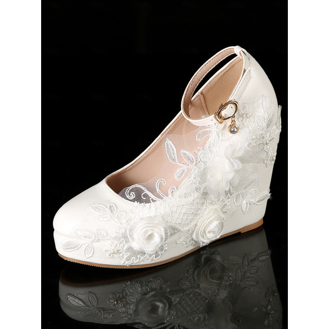  Women's White Satin Bridal Wedges with Ankle Strap and Lace Appliques | Comfortable and Elegant Wedding Shoes
