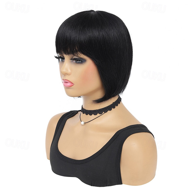 Human Hair Wig Straight Bob Pixie Cut Natural Black Machine Made 