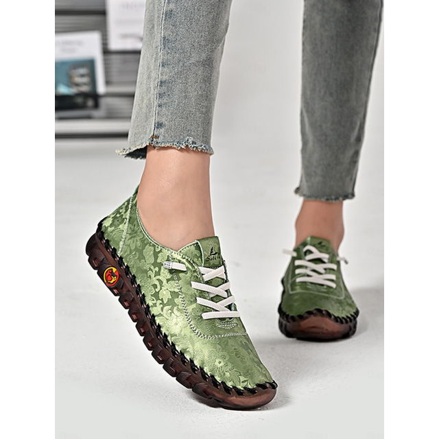  Mocasines de piel sintética con diseño floral verde y costuras hechas a mano para mujer | Perfectos para uso informal