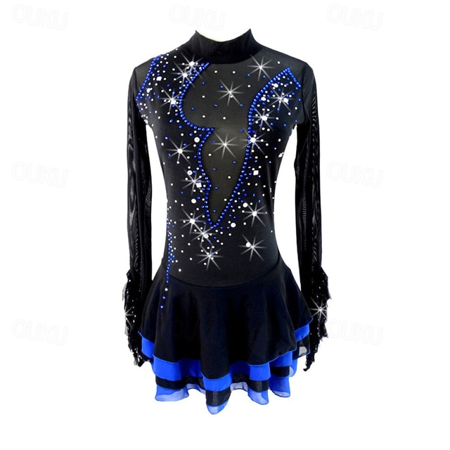  Figure Skating Dress Women's Girls' Ice Skating Dress Blue Black Patchwork High Elasticity Training Competition Skating Wear Classic Crystal / Rhinestone Long Sleeve Ice Skating Figure Skating