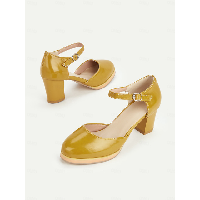  Women's Yellow Mary Jane Block Heel Pumps with Round Toe and Adjustable Strap for Retro Style, Office Wear and Formal Events