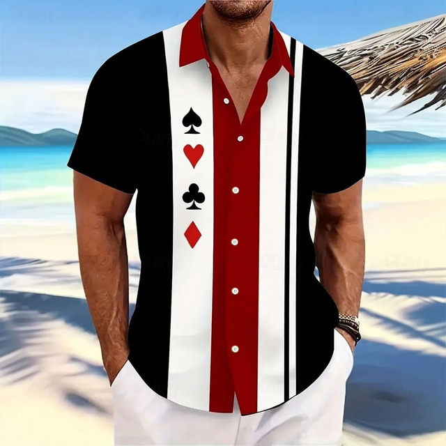  Men's Striped Poker Shirt Button Up Shirt Short Sleeve Fashion Casual Vacation Sports Outdoor Beach Wear Summer Spring Turndown Collared Shirts Black