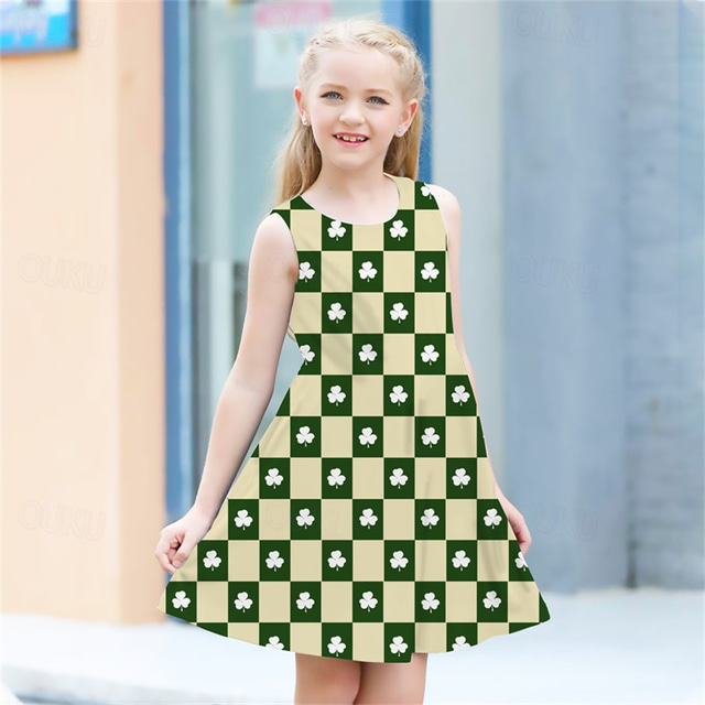  St. Patrick Girls' 3D Graphic Four Leaf Clover Dress Sleeveless Summer Spring Vacation Daily Holiday Princess Beautiful Sweet Kids 4-12 Years Casual Dress A Line Dress Knee-length Regular Fit