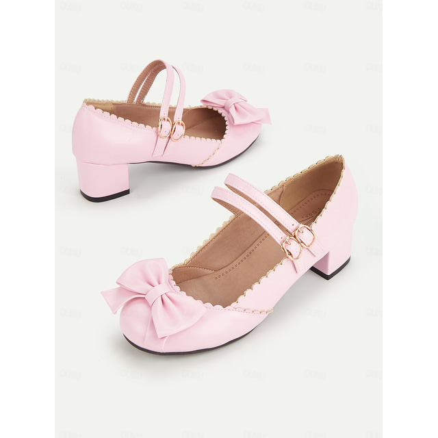  Sapatos femininos mary jane rosa com tira de fivela dupla e detalhe de laço - sapatos de salto bloco estilo retrô fofos para ocasiões casuais e elegantes