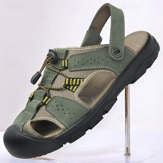  Men's Black Faux Leather Hiking Sandals - Adjustable Straps, Closed-Toe, Breathable Design, Anti-Slip Sole, Durable Summer Outdoor Footwear for Trekking
