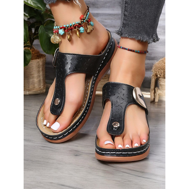  Women's Brown  Faux Leather Flip-Flop Sandals with Perforated Design and Metallic Accent for Casual Wear and Summer Outings
