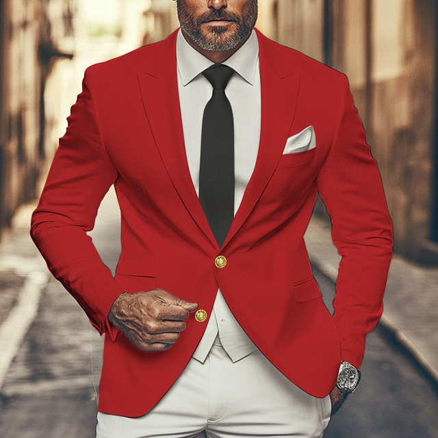  Men's Graduation Blazer Business Cocktail Party Wedding Party Fashion Casual Spring &  Fall Polyester Solid Color Pocket Buttons Comfortable Single Breasted Blazer Red