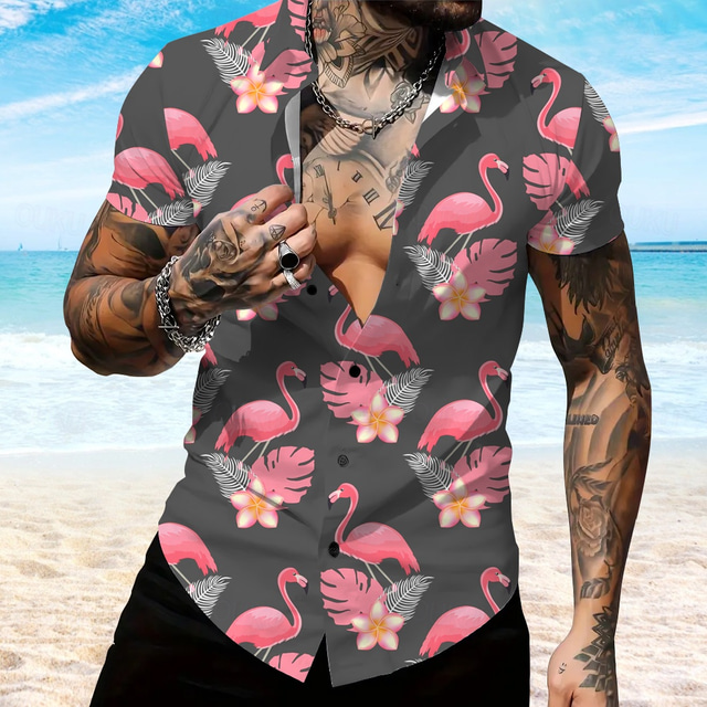 Voor heren Flamingo Strand hemd Aloha-shirt Korte mouw Hawaii Vakantie Zomer Lente Strijkijzer Dichtknopen Zwart Grijs