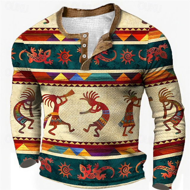  Miesten Kuvitettu Tribaali Henley-paita Vohveli T-paita Pitkähihainen 3D-tulostus Muoti Suunnittelija Etninen Urheilu ja ulkoilu Pyhäpäivä Festivaali 봄 & Syksy Sininen Ruskea Apila Harmaa Henley