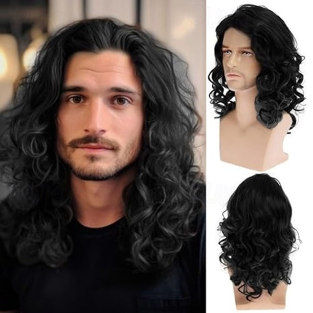  Wig for Men Long Curly Wavy Synthetic Halloween Costume Party Wig for Male