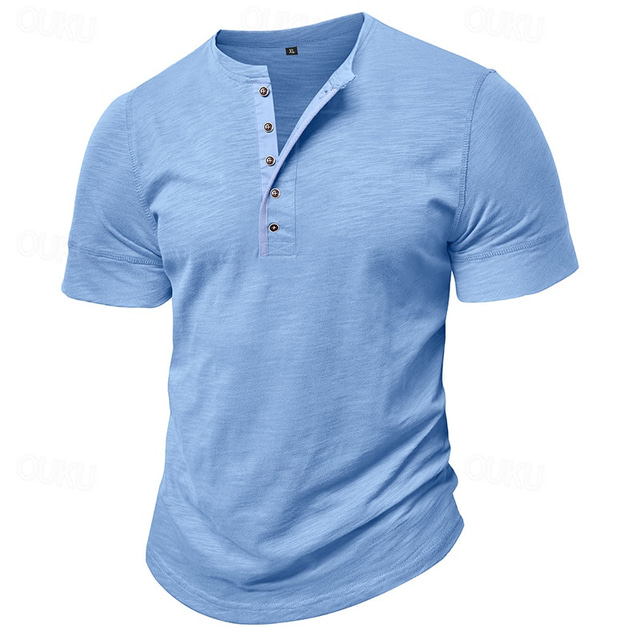  100% Cotton Men's Henley Shirt Tee Short Sleeve Solid Color Plain Classic Style Buttons Henley Casual Daily Summer Spring & Fall Black White Light Blue Henley T-Shirt