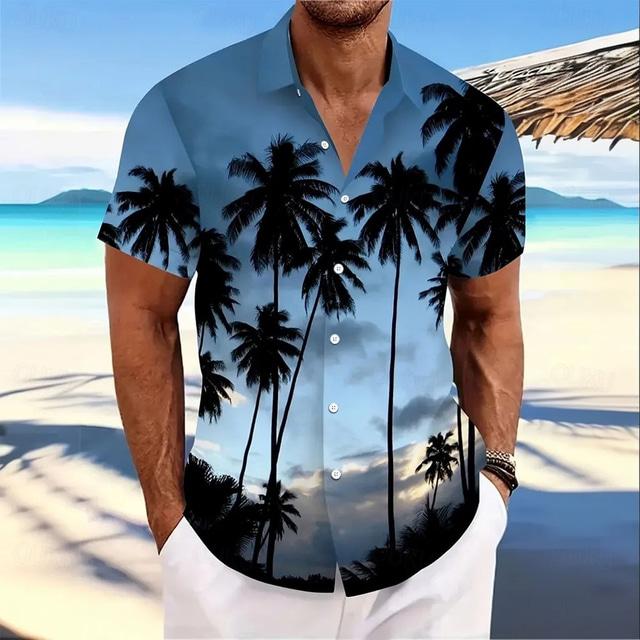  Men's Coconut Tree Nature & Landscapes Summer Hawaiian Shirt Button Up Shirt Aloha Shirt Short Sleeve Hawaiian Resort Vacation Holiday Beach Wear Summer Spring Turndown Collared Shirts Blue