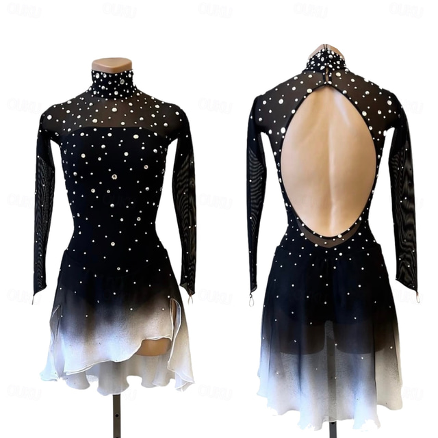  Figure Skating Dress Women's Girls' Ice Skating Dress Black Thumbhole Halo Dyeing High Elasticity Professional Competition Skating Wear Thermal Warm Crystal / Rhinestone Long Sleeve Ice Skating