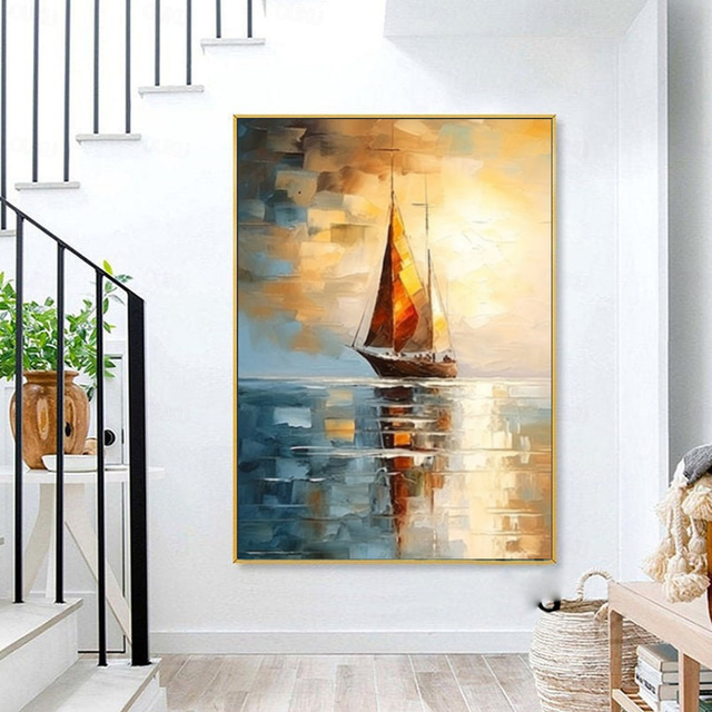  Handmade Oil Painting Canvas Wall art Decoration Abstract Knife Painting Landscape Sailboat Used for Home Decoration Frameless and Unstretched Painting