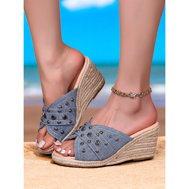  Women's Wedge Sandals with Studded Denim Design and Open-Toe – Comfortable Casual Footwear for Summer, Beach and Vacation