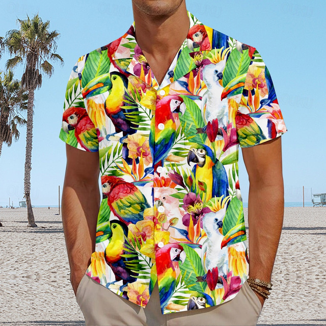  Men's Leaf Parrot Beach Shirt Aloha Shirt Short Sleeve Hawaiian Vacation Summer Spring Cuban Collar Button Up Green