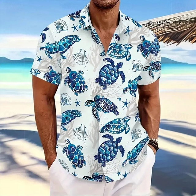  Men's Turtles Sea Creatures Summer Hawaiian Shirt Button Up Shirt Short Sleeve Hawaiian Resort Vacation Holiday Beach Wear Summer Spring Turndown Collared Shirts Blue