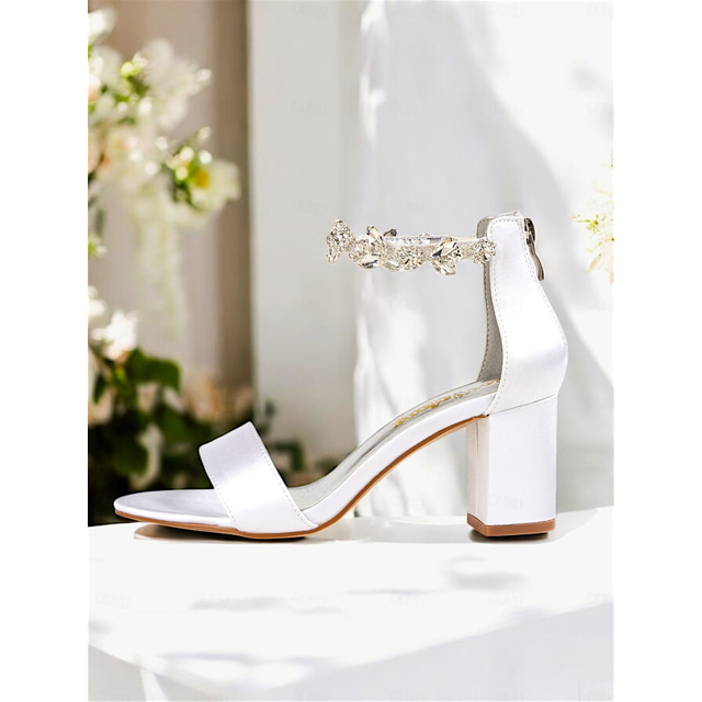  White Satin Block Heel Bridal Sandals with Floral Ankle Strap – Perfect for Weddings and Receptions