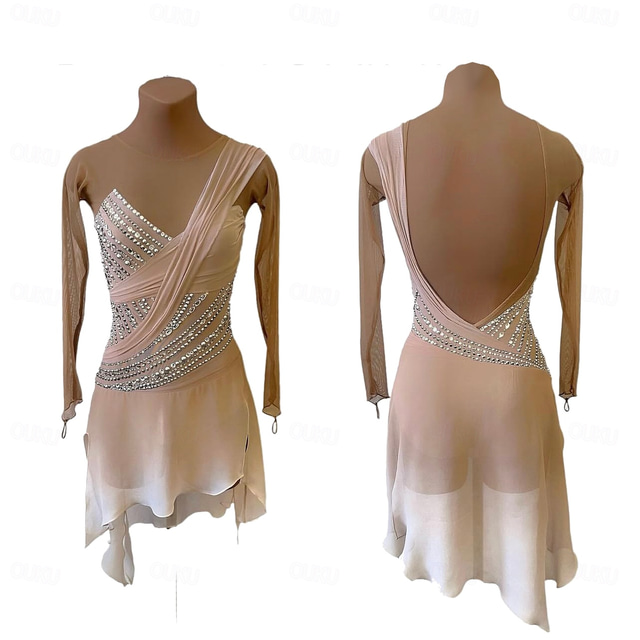  Figure Skating Dress Women's Girls' Ice Skating Dress Pink Thumbhole Halo Dyeing High Elasticity Professional Competition Skating Wear Thermal Warm Crystal / Rhinestone Long Sleeve Ice Skating Figure