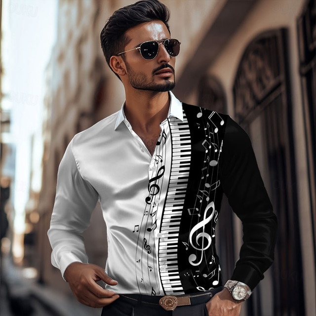  Herren Musiknoten Satinhemd Oberhemd Knopfhemd Langarm Modisch lässig Urlaub Täglich Abendgesellschaft Sommer Frühling Herbst Umlegekragen Hemden mit Kragen 3D-Druck Weiß
