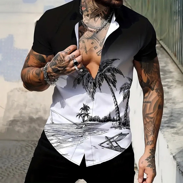  Men's Coconut Tree Gradient Color Tropical Plants Summer Hawaiian Shirt Button Up Shirt Aloha Shirt Short Sleeve Hawaiian Resort Vacation Holiday Beach Wear Summer Spring Turndown Collared Shirts