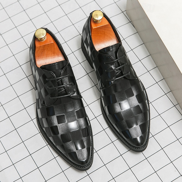  heren zwarte ruitjespatroon imitatie leren oxford schoenen - formele veterschoenen voor zakelijk gebruik, bruiloften en speciale gelegenheden