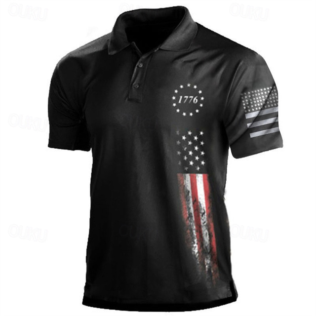  OUKU Men's American Flag Veterans Polo Shirts Golf Shirt Short Sleeve Polo Shirts Collared Shirts Casual Streetwear Vacation Wear Party Outfits Buttons 3D Print White & Blue Black White