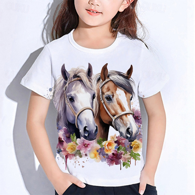  Girls' 3D Graphic Animal Horse T shirt Tee Short Sleeve Summer Spring Fashion Basic Kids 4-12 Years Crew Neck Outdoor Casual Daily Regular Fit