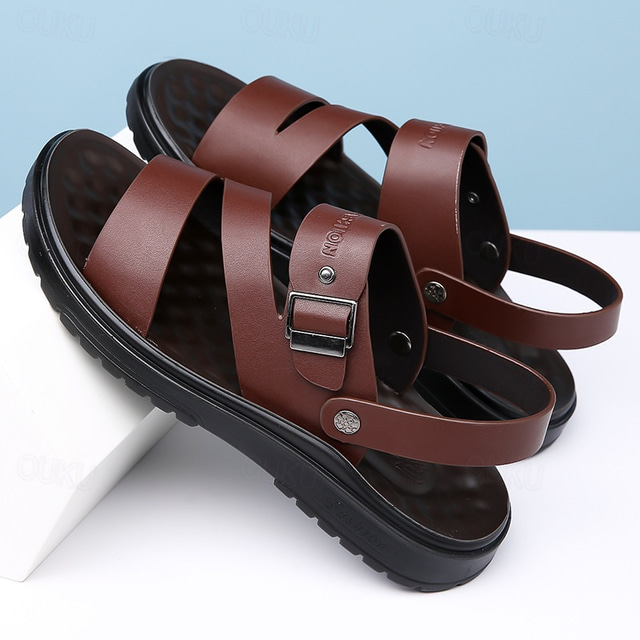  brune sandaler i kunstskinn for menn – design med kryssrem med justerbar spenne, komfortabel såle, uformelt sommerfottøy for strand- og utendørsaktiviteter