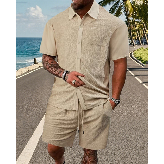  Men's T-shirt Suits 2 Pieces Outfits Tee & Shorts Short Sleeve Lapel Summer Plain Fashion Casual Buttons 2 Piece Jacquard Vacation Daily Wear Going out Black White Navy Blue Top Tee for Men