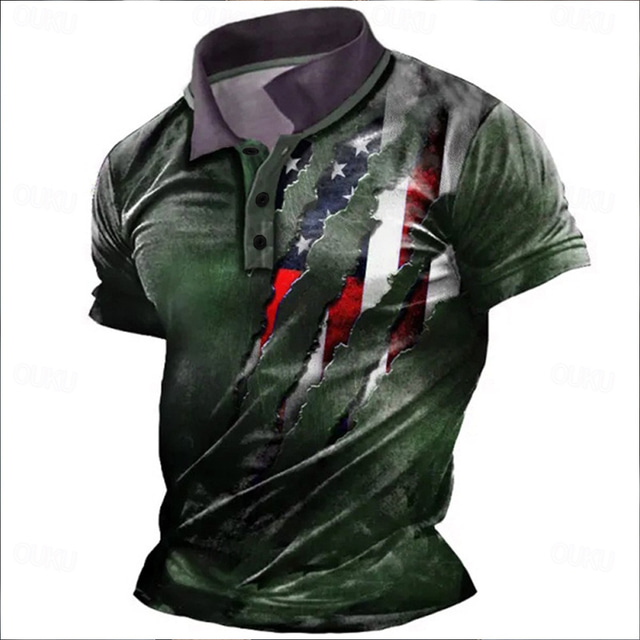  Men's American Flag Veterans Polo Shirts Golf Shirt Short Sleeve Polo Shirts Collared Shirts Casual Streetwear Vacation Wear Party Outfits Buttons 3D Print Red Green Dark Gray