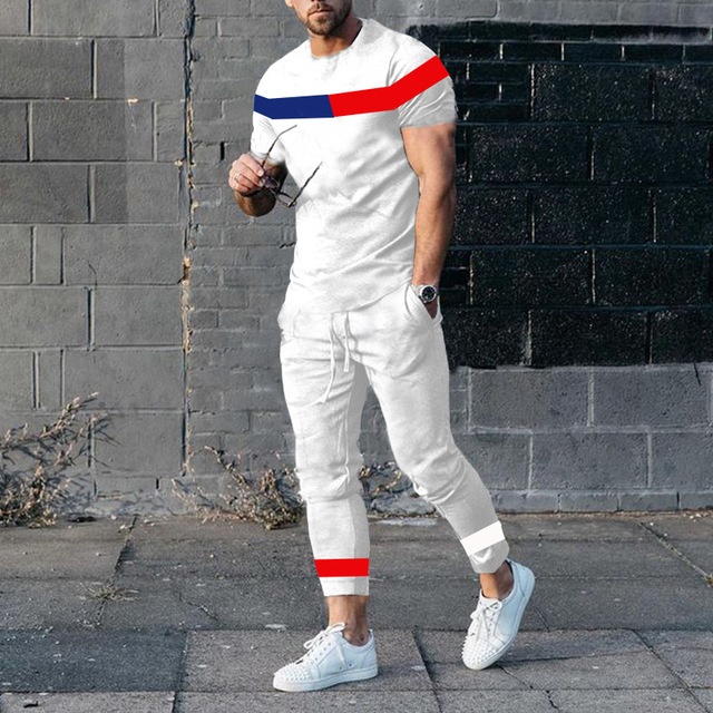  Men's T-shirt Suits Shirt and Pant Sets 2 Pieces Outfits Short Sleeve Crewneck Summer Color Block Fashion Casual 2 Piece Vacation Daily Wear Going out Black White Yellow Top Tee for Men