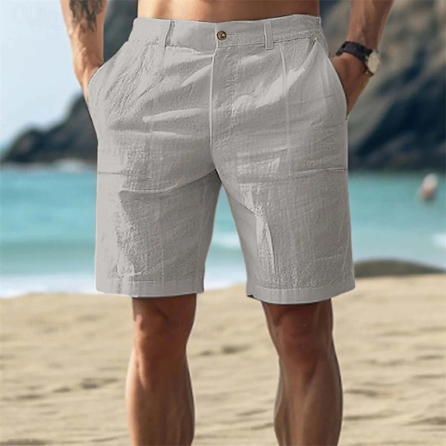  Men's Cotton Linen Shorts Summer Shorts Beach Shorts Buttons Pocket Plain Comfort Breathable Short Vacation Holiday Beach Hawaiian Boho White Khaki