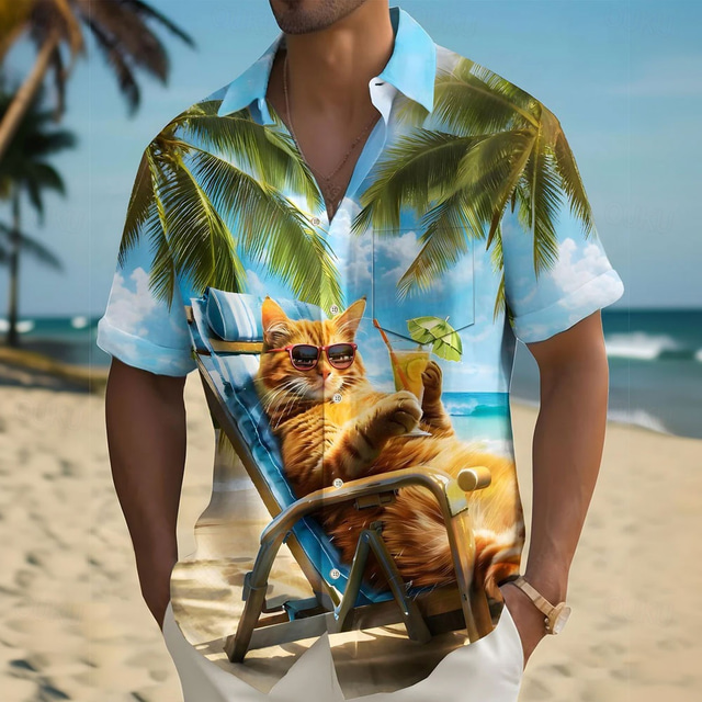  Men's Animal Cat Coconut Tree Summer Hawaiian Shirt Button Up Shirt Aloha Shirt Short Sleeve Hawaiian Resort Vacation Holiday Beach Wear Summer Spring Turndown Collared Shirts Front One Pocket Blue
