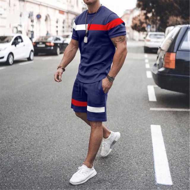  Herre T-skjorte drakter 2 stk antrekk T-skjorte og shorts Kortermet Crewneck Sommer Fargeblokk Mote Fritid 2 deler Feriereise Dagligdagstøy Ut på byen Svart Rosa Hvit Topp T-skjorte for menn