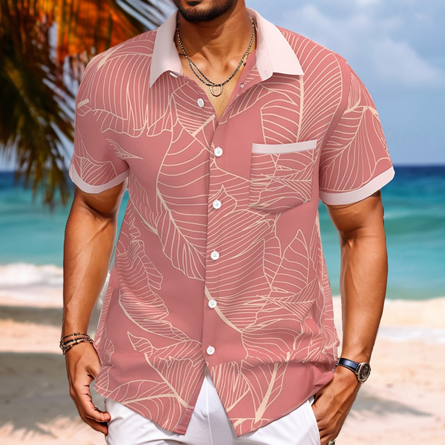  Men's Palm Leaf Tropical Plants Summer Hawaiian Shirt Button Up Shirt Short Sleeve Hawaiian Resort Vacation Holiday Beach Wear Summer Spring Turndown Collared Shirts Front One Pocket Pink