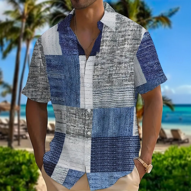  Herren Geometrisch Farbblock Patchwork Hemd Knopfhemd Kurzarm Modisch lässig Urlaub Festtage Strassenmode Sommer Umlegekragen 3D-Druck Hemden mit Kragen Eine Tasche vorne Blau Khaki