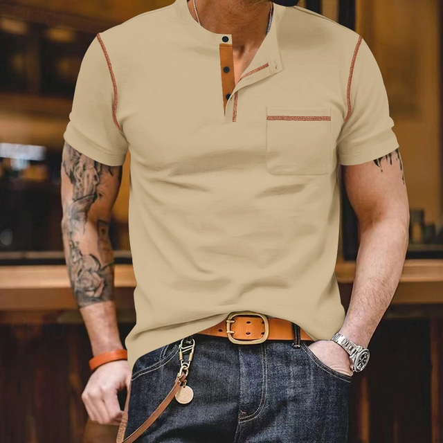  Męskie Koszulka z guzikami Podkoszulek Koszula Henley Koszulki Krótki rękaw Henley Lato Wiosna Kolorowy blok Moda Designerskie Podstawowy Niejednolita całość Kieszeń Urlop Ulica Wyjściowe Czarny