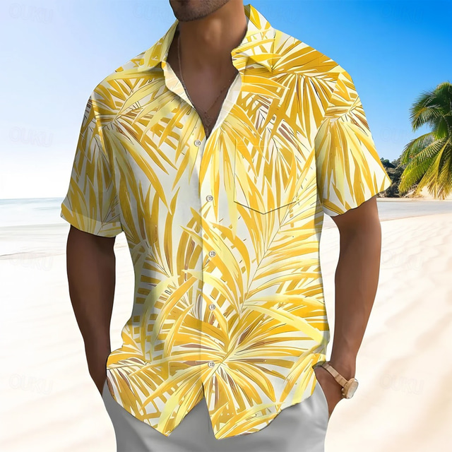  Men's Leaf Tropical Plants Summer Hawaiian Shirt Button Up Shirt Aloha Shirt Short Sleeve Hawaiian Resort Vacation Holiday Beach Wear Summer Spring Turndown Collared Shirts Yellow