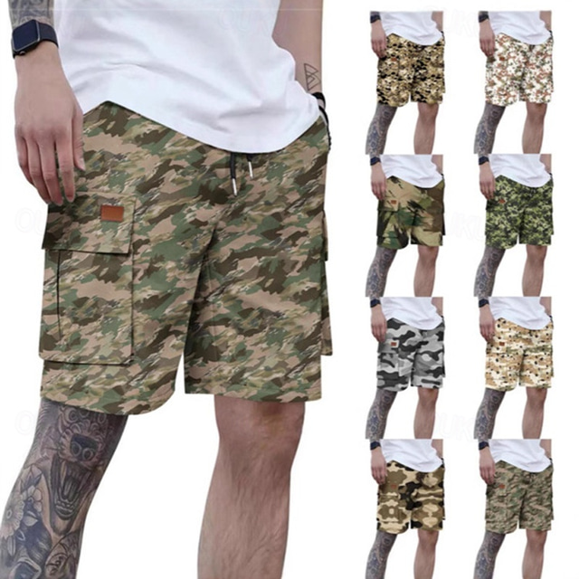  Men's Cargo Shorts Camo Shorts Shorts Summer Shorts Drawstring Elastic Waist Multi Pocket Camouflage Comfort Wearable Knee Length Outdoor Sport Daily Fashion Casual White Light Green