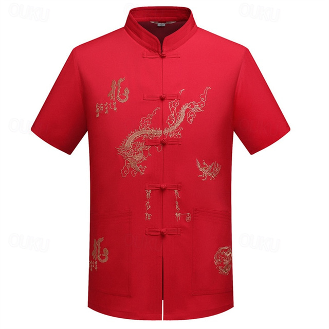  Men's Shirt Summer Shirt Casual Shirt Beach Shirt Button Up Shirt Light Yellow White Red Navy Blue Gray Short Sleeve Dragon Collar Vacation Hawaiian Embroidery Clothing Apparel Polyester Fashion