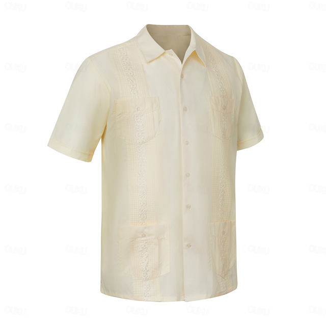  Men's Shirt Guayabera Shirt Light Yellow Black White Wine Blue Short Sleeve Turndown School Performance Embroidered Clothing Apparel Elegant Vacation Vintage Neutral