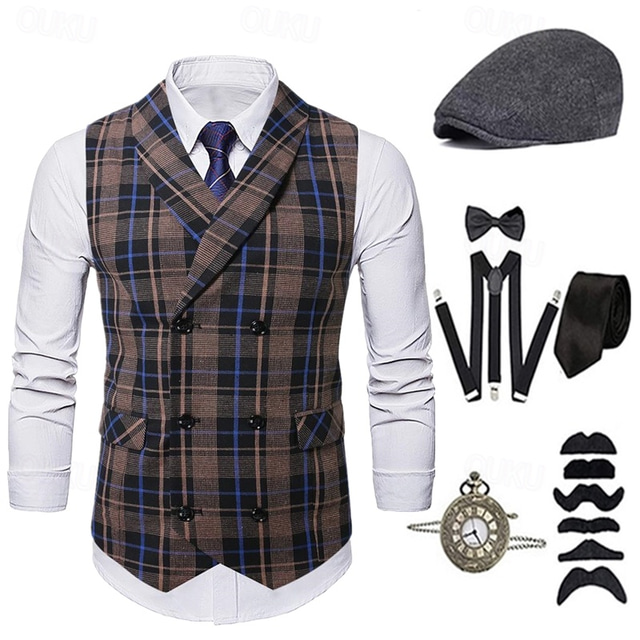 1920s Vintage Inspired The Great Gatsby Party Costume Accessories Set Sleeveless Double Breasted Plaid Turndown Men's Halloween Party & Evening Casual Daily Adults' Vest Hat All Seasons