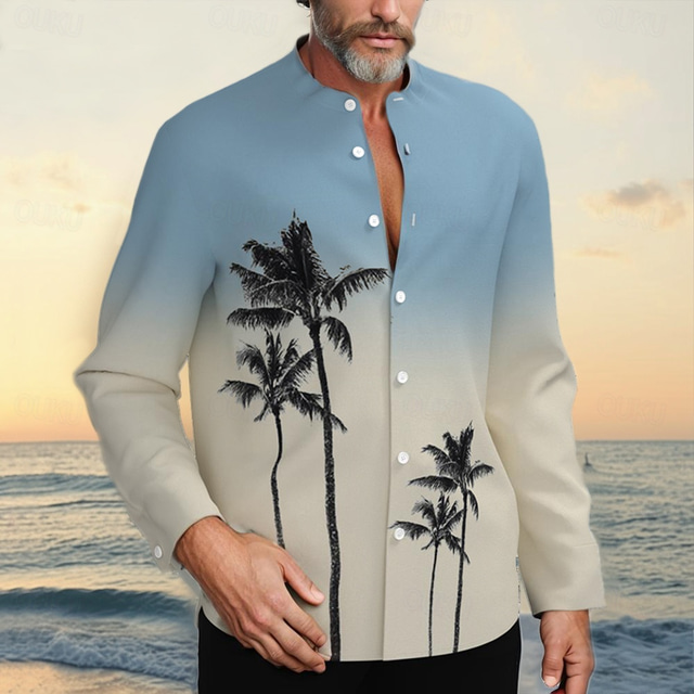  Men's Coconut Tree Gradient Color Tropical Plants Shirt Summer Hawaiian Shirt Collarless Shirt Long Sleeve Hawaiian Resort Vacation Casual Holiday Summer Spring Standing Collar 3D Print Button Down