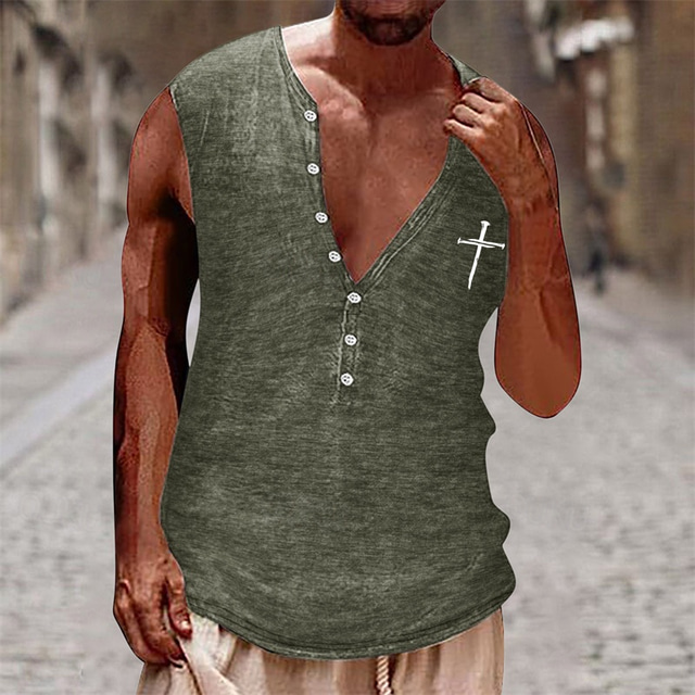 Men's Tank Top Vest Top Undershirt Sleeveless Shirt Sleeveless Henley Summer Cross Vintage Fashion Designer Buttons Vacation Street Going out Black White Brown Top Tee for Men