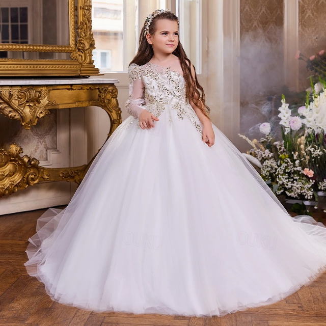  Flower Girl Dress Girls' Formal Dress First Communion Dress Wedding Attire Party Dress Formal Wedding Party Princess Sweet Christmas Carnival Ruched Solid Color Long Sleeve One Shoulder White Pink 4