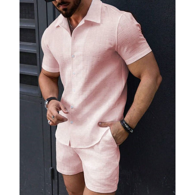  Men's T-shirt Suits 2 Pieces Outfits Tee & Shorts Short Sleeve Lapel Summer Plain Fashion Casual 2 Piece Jacquard Vacation Daily Wear Going out Black White Pink Top Tee for Men