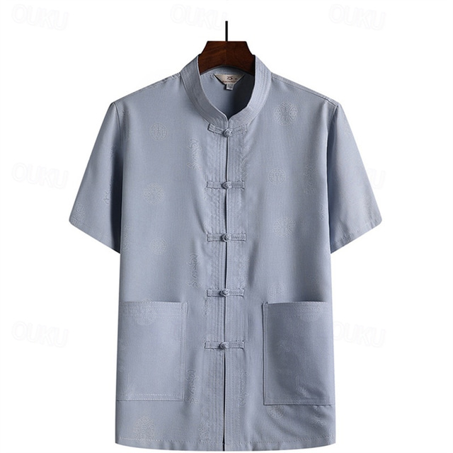  Men's Shirt Summer Shirt Casual Shirt Beach Shirt Button Up Shirt White Beige Gray Short Sleeve Plain Lapel Vacation Holiday Pocket Clothing Apparel Polyester Casual Chinoiserie Comfortable