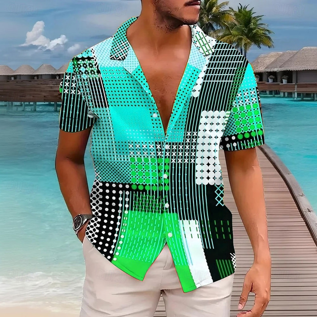  Men's Patchwork Geometric Pattern Shirt Cuban Collar Shirt Short Sleeve Fashion Casual Vacation Holiday Streetwear Summer Spring Camp Collar Shirt 3D Print Yellow Blue Purple Green