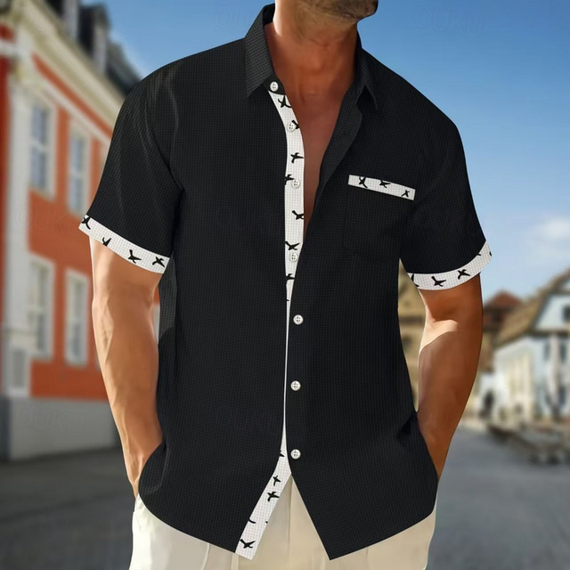  Men's Shirt Waffle Shirt Summer Shirt Casual Shirt Button Up Shirt Black White Red Green Beige Short Sleeve Plain Collar Vacation Daily Clothing Apparel Fashion Casual Comfortable